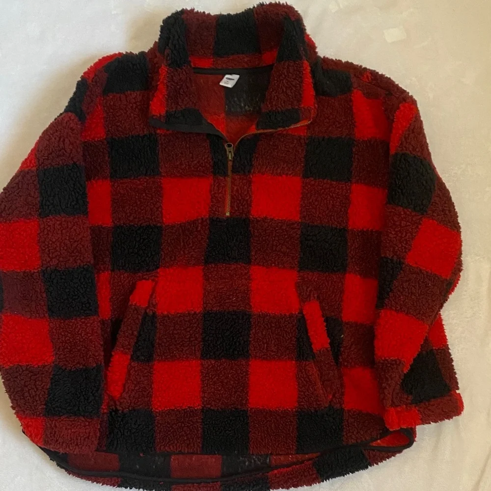 Old Navy Red and Black Checkered Sherpa Pullover